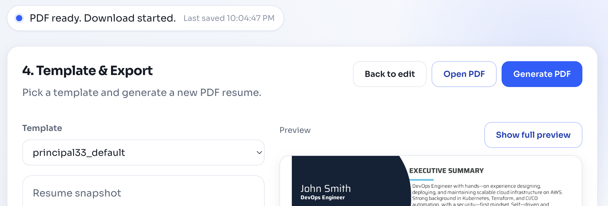 PDF resume preview
